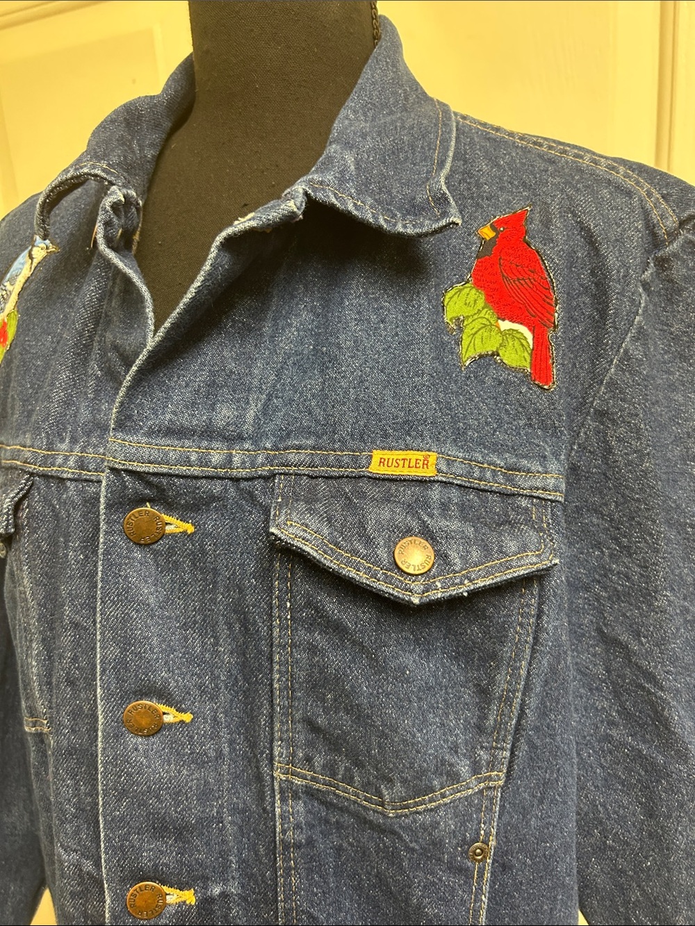 RUSTLER Large Jean jacket with handmade bird design, EUC - Picture 5 of 12